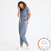 navy skinny stripe women's CloudStretch™ magnetic short sleeve jogger set-Magnetic Me