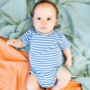 blue and white yarn-dye stripe organic cotton magnetic bodysuit